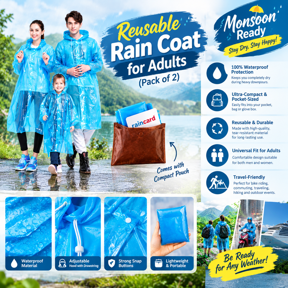 FULLY Reusable Wallet Rain Coat for Adults (Pack of 2)